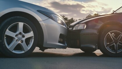 two cars damaged after a head - on collision 