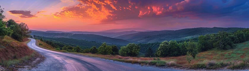 Scenic winding road through lush green countryside at sunset, with vibrant sky hues, perfect for travel and nature photography.
