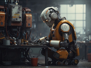 worker robot in front of transparent monitor screen with Generative AI Technology