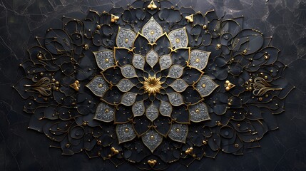 A dark-themed mandala with intricate gold and silver patterns on a black background.
