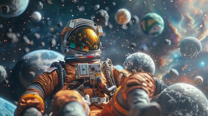 An astronaut floats amidst a field of planets and asteroids, gazing out at the vast expanse of space.