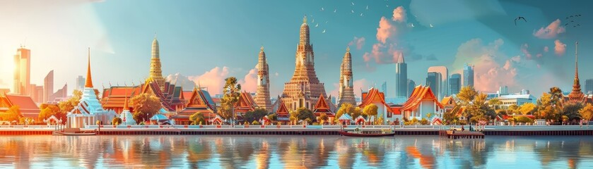 A colorful cityscape with tall buildings reflected in the water.