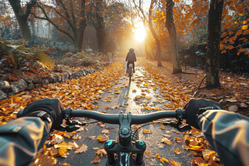 Cyclist riding through an autumn park, experiencing the beauty of fall foliage. POV Point of View shooting trend.