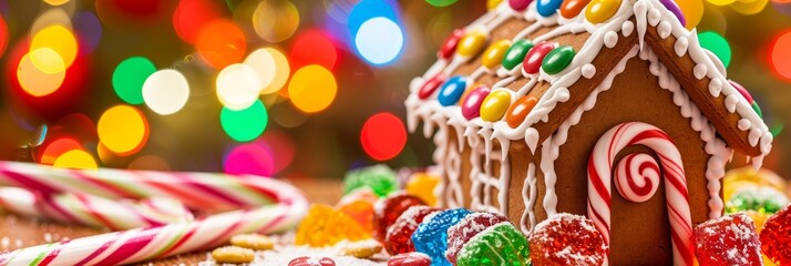 Naklejka premium Festive gingerbread house with colorful candy and candy canes displayed on table