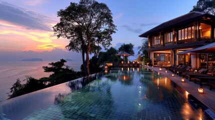 Obraz premium A luxurious infinity pool overlooking a stunning ocean sunset. The resort building is a beautiful backdrop to the scene.