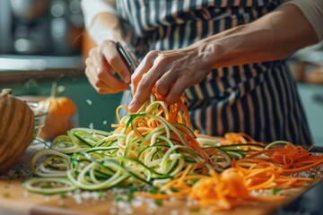 A person chopping vegetables on a wooden cutting board. Suitable for cooking or healthy eating concepts - Powered by Adobe