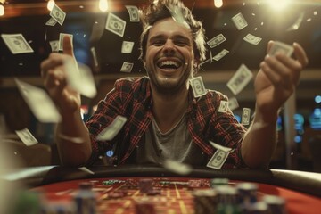 A man sitting at a table with money flying around him. Suitable for financial concepts