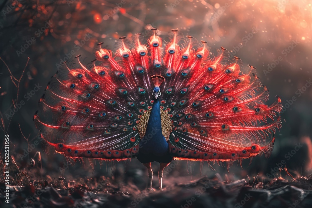 Poster A beautiful peacock displaying its feathers in a field. Ideal for nature and wildlife concepts