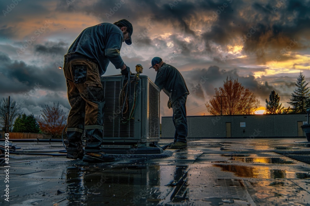 Poster two men standing on top of a building roof. suitable for construction or urban development concepts