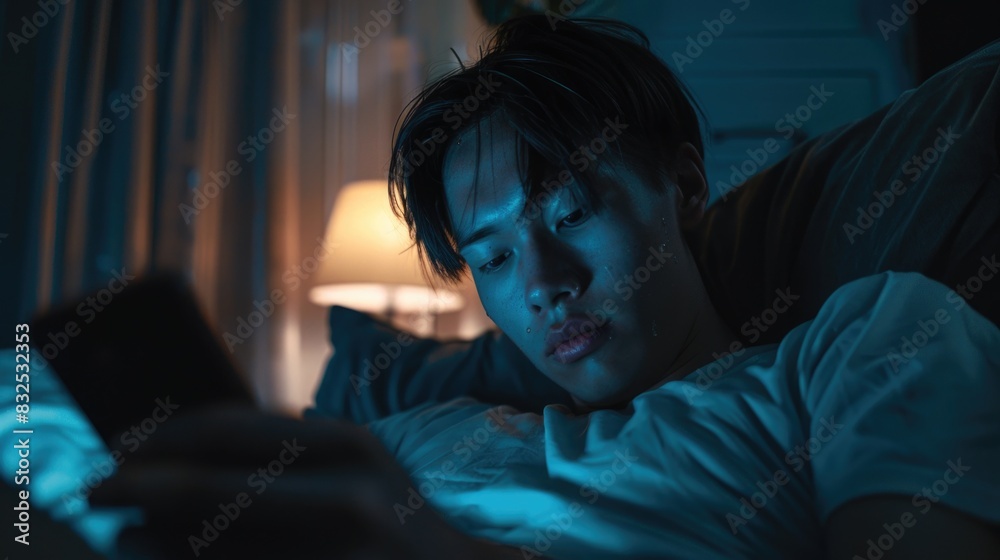 Poster a man laying in bed while looking at his cell phone. suitable for technology and lifestyle concepts