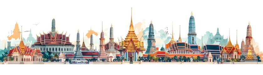 Fototapeta premium Colorful cityscape skyline with various architectural styles.