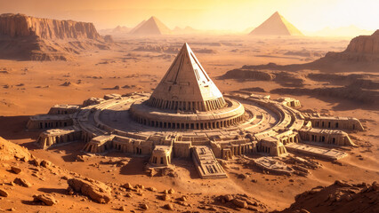 Ruins of ancient alien city on Mars, desolate Martian desert with pyramids and other mystical structures hinting at long-lost extraterrestrial civilization.