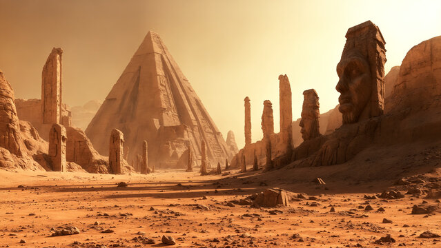Ruins of ancient alien city on Mars, desolate Martian desert with pyramids, giant carved faces, and other mystical structures hinting at long-lost extraterrestrial civilization.