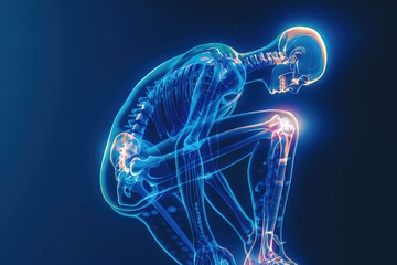 A skeleton sitting on the ground with a painful knee. Suitable for medical or Halloween themes