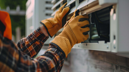 Close Up View of Technician Servicing Air Conditioner Unit | Cleaning and Refilling Cooling Gas, Outdoor Maintenance