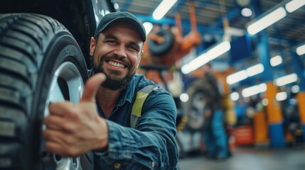 Smiling mechanic showing thumbs up with car tire in a modern car repair shop. - Powered by Adobe