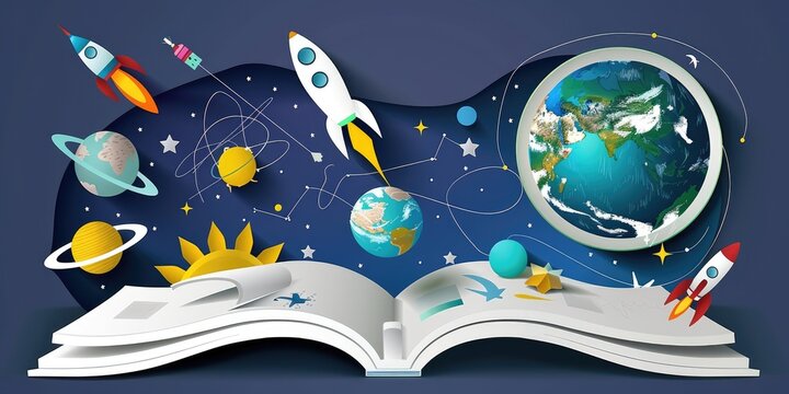 a image of a book with a rocket flying around it