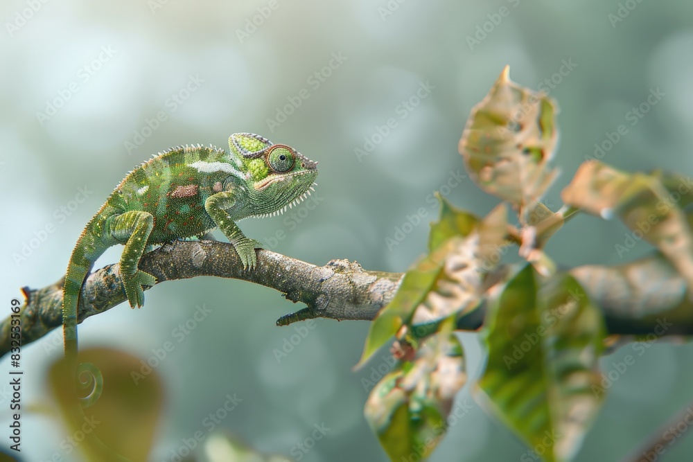 Poster colorful chameleon sitting on a tree branch, suitable for nature concepts