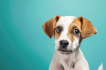 Adorable Jack Russell Terrier with a curious look on a turquoise background