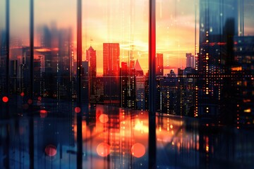 Obraz premium Cityscape with buildings reflecting the colors of a sunset background