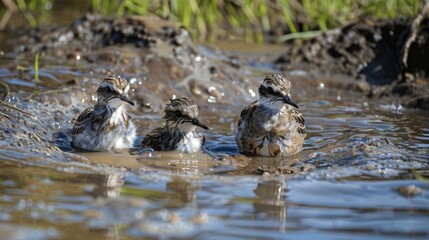 Three young killdeer experience their initial bath