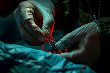 Person is sewing a piece of fabric with needle and thread. The image dark and moody atmosphere, with the person wearing gloves and the fabric being blue. doctor's hands applying stitches to a wound,
