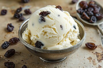 Rum raisin ice cream scoop with raisins on a light brown background