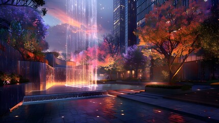 Glowing Futuristic Cityscape with Autumn Foliage and Illuminated Fountain