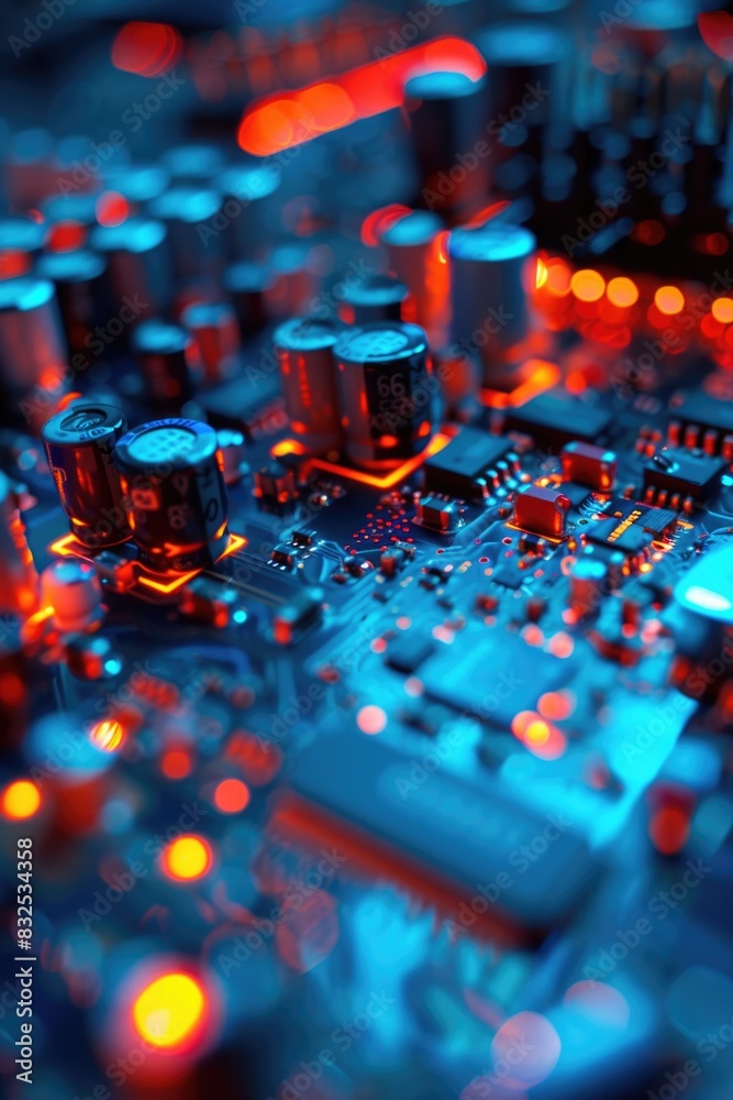 Poster Close up of electronic components on a table. Ideal for technology and engineering concepts