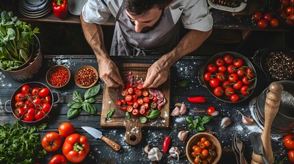 Professional Chef Preparing Healthy and Delicious Tomato and Vegetable Dish in a Commercial Kitchen