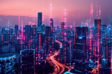 Vibrant cityscape illuminated with lights. Perfect for urban-themed designs