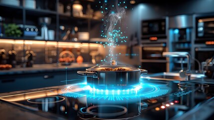 Sizzling pan on modern digital stovetop with glowing blue flame in high tech kitchen