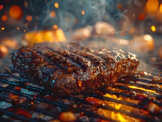 Sizzling Grilled Steak on Flaming Barbecue Grill with Smoke and Caramelized Edges