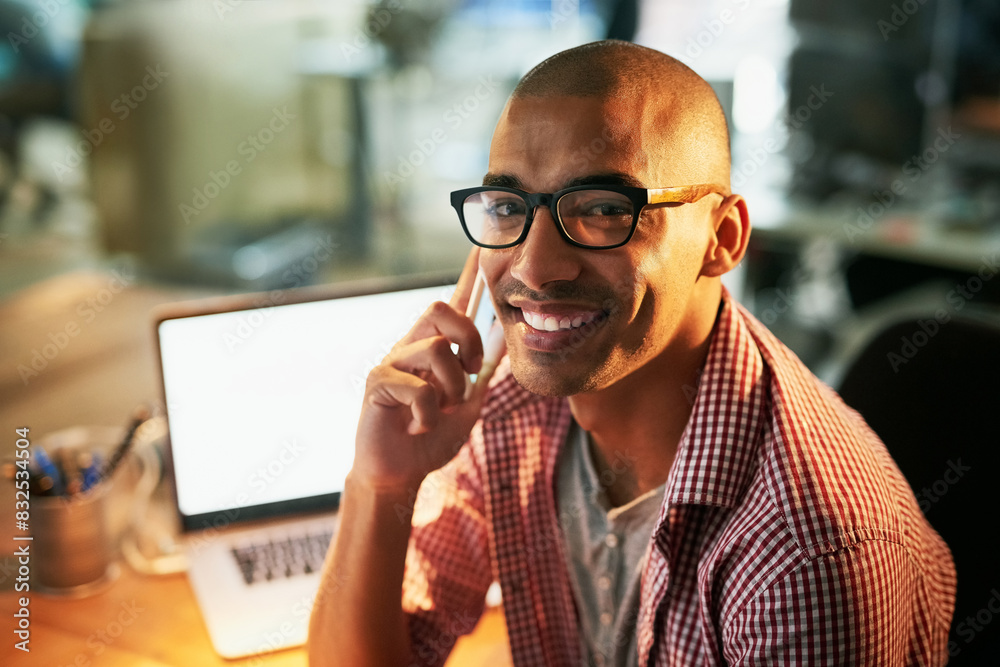 Poster creative, man and portrait with phone call in office for conversation in night for confirmation on d