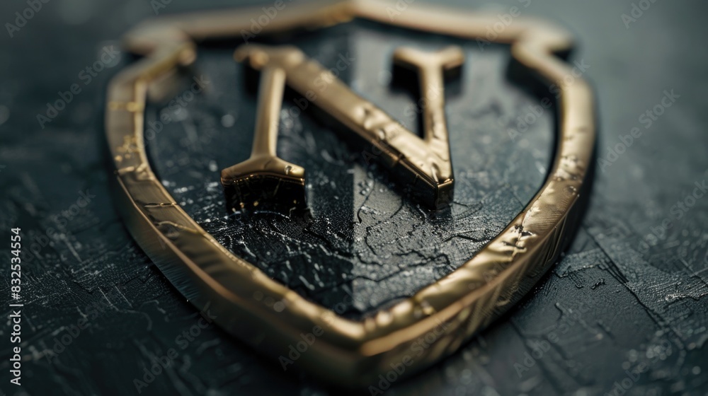 Poster close up of a metal badge on a table, suitable for various concepts and designs