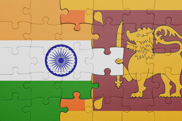 puzzle with the colourful national flag of sri lanka and flag of india.