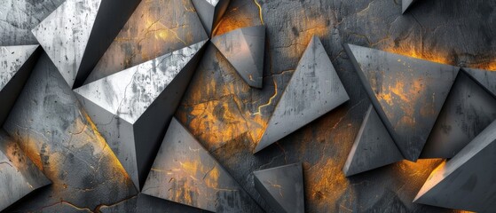 Abstract futuristic luxurious digital geometric technology triangular triangles background banner illustration 3d - Glowing gold, gray and black 3d shape texture wall