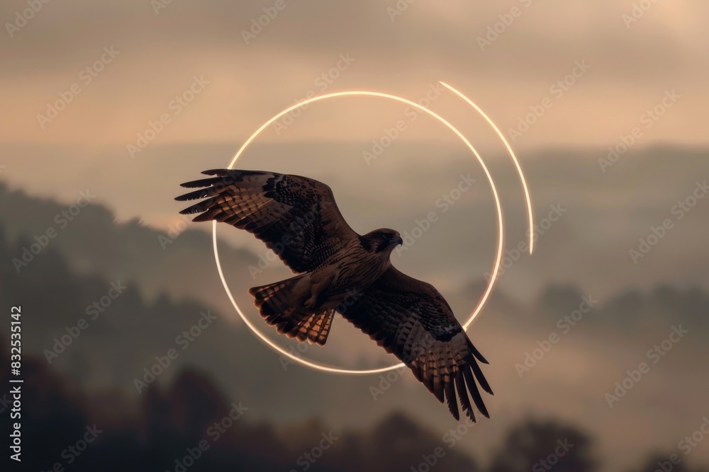Poster A bird flying through the air with a circle around it. Suitable for various design projects