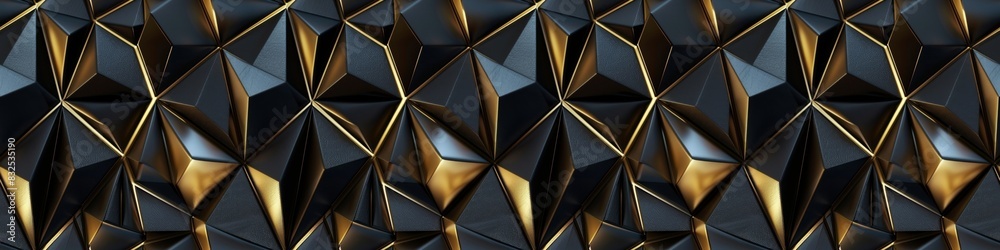 Leinwandbilder Abstract futuristic luxurious digital geometric technology triangular triangles background banner illustration 3d - Glowing gold, gray and black 3d shape texture wall, seamless pattern