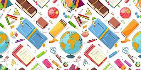 a image of a school seamless background with books, globe, and school supplies
