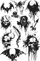 Fototapeta premium A collection of splattered skulls and bats. Ideal for Halloween themes