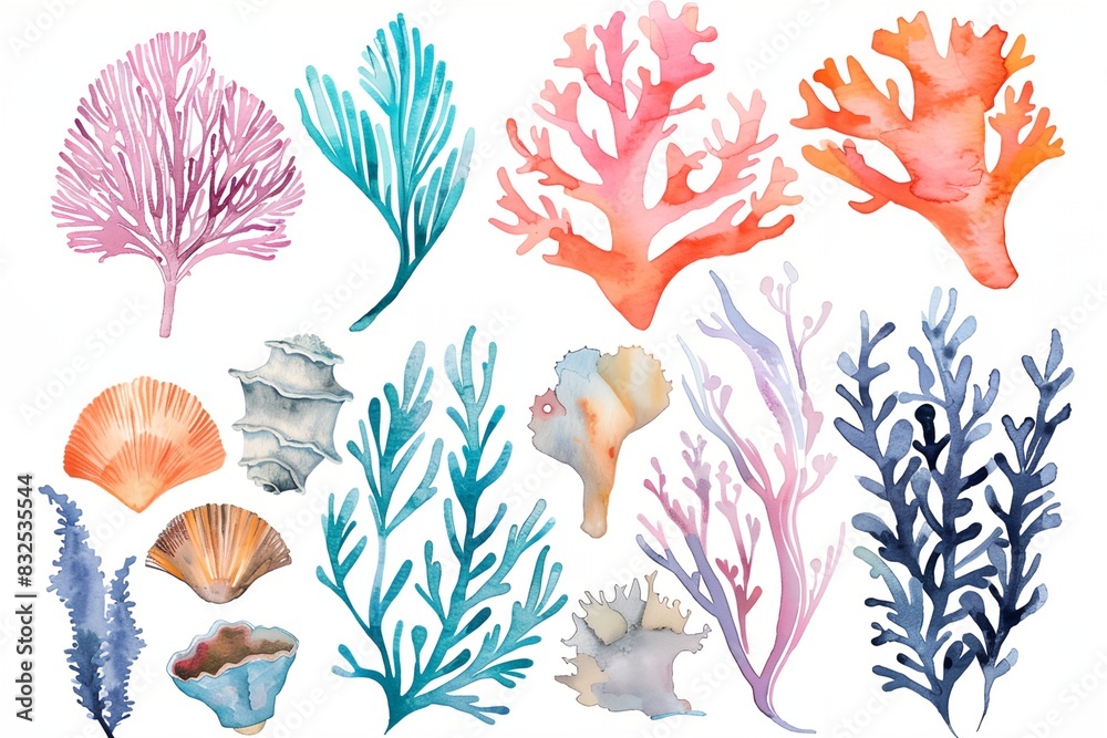 Wall mural a watercolor painting of seaweed and corals on a white background - Wall murals