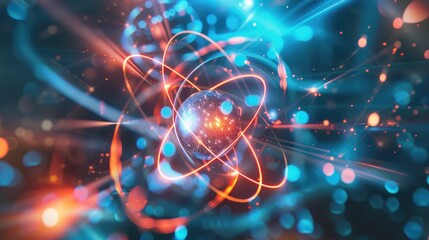 Simulation of electrons orbiting a nucleus with emphasis on quantum states selective focus, advanced physics, futuristic, double exposure, virtual reality lab backdrop