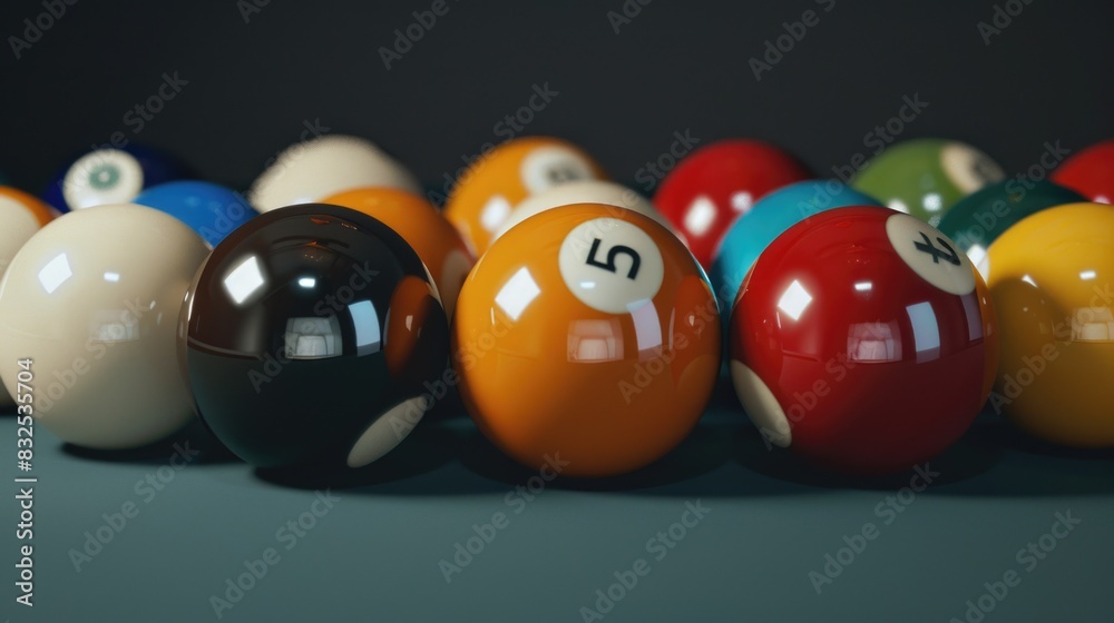 Poster a row of pool balls on top of a table. perfect for sports and leisure concepts