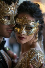 An elegant couple wearing intricately designed gold masquerade masks, exuding mystery and sophistication at a glamorous event.