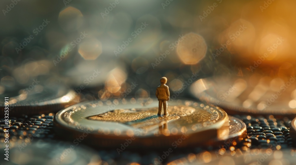 Poster a small figure standing on a shiny coin, perfect for financial concepts