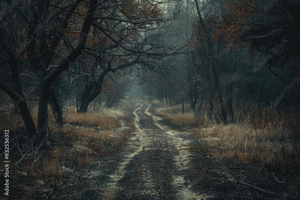 Poster a scenic view of a dirt road in the middle of a forest. suitable for nature and travel concepts