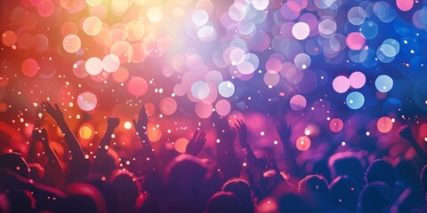 crowd of people with their hands up in the air and lights shining on them