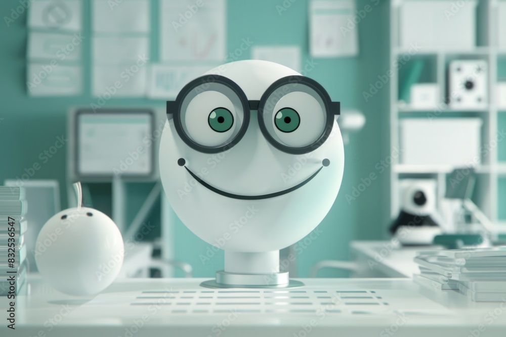Poster a white robot wearing black glasses holding a white ball. ideal for technology and robotics concepts