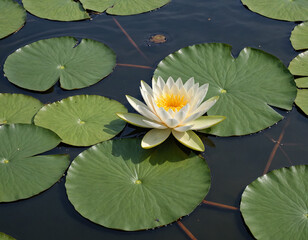 water lily in the pond with blooming flower and lovely sunlight